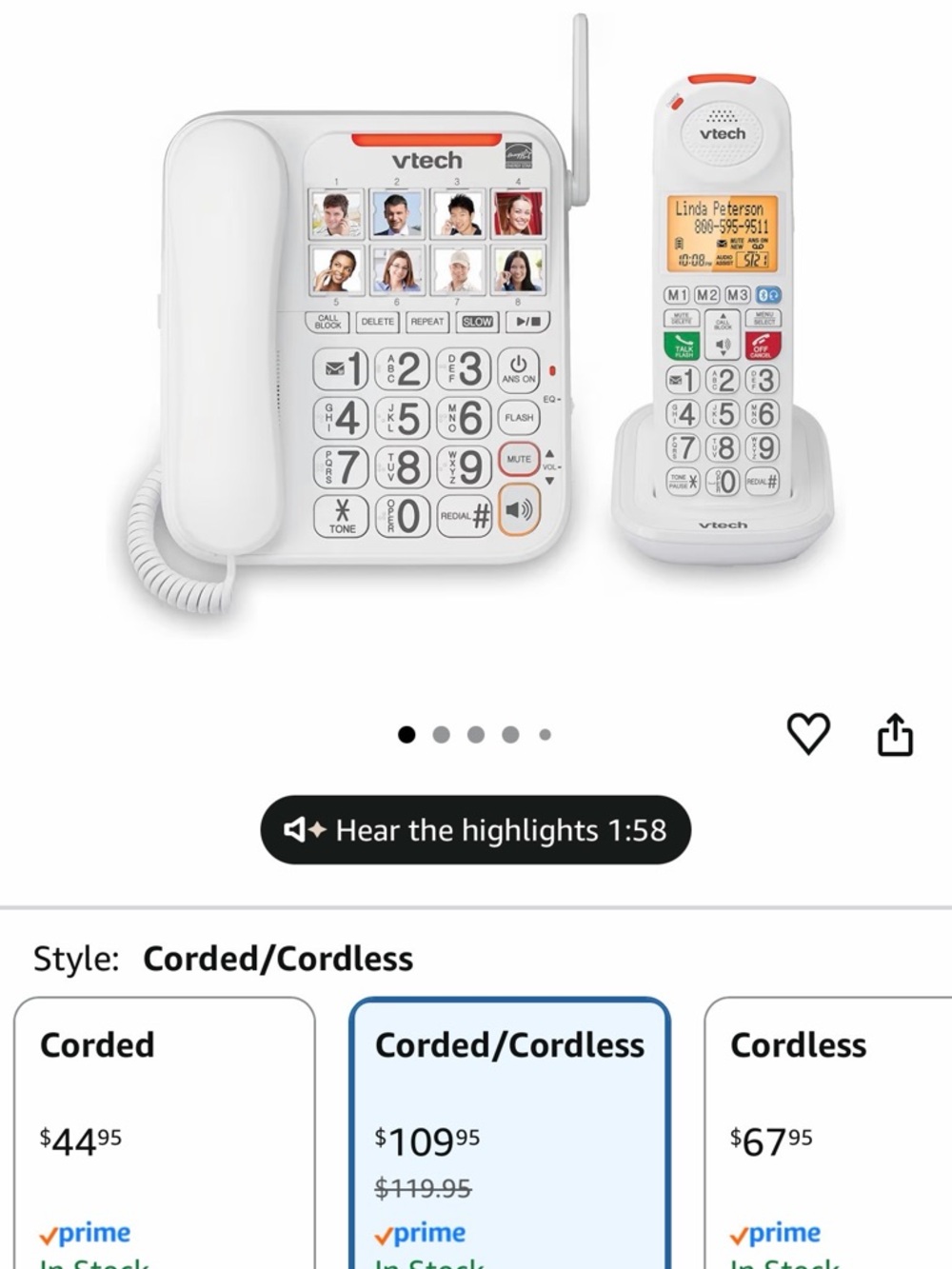 VTech SN5147 Amplified Corded Cordless Senior Phone with Answering Machine Works